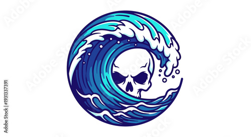 Circular illustration of a skull surrounded by a turbulent wave, symbolizing danger and the power of the ocean from a centered viewpoint.