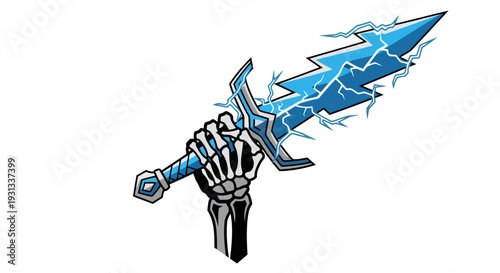 A skeletal hand grasping a futuristic blue lightning sword, showcasing fantasy art with magical elements in a close-up view