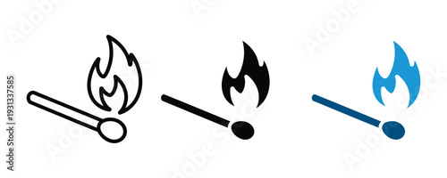 Burning matchstick icon set. Fire ignition symbol for safety, lighting, and emergency heat design. Vector Illustration.