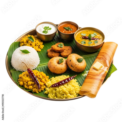 South Indian Thali Meal on Banana Leaf with Rice, Dosa, Curries