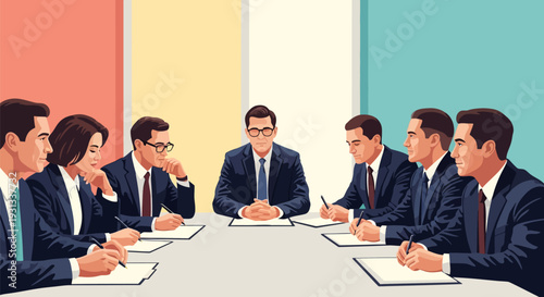 Corporate Business Team Meeting Illustration. Professionals in suits collaborating, discussing strategy, and taking notes at a stylized conference table.