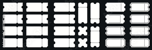 Vector Ticket Stubs for Movie Theater Admission Event Entry Raffle Coupons and Travel Booking UI Design Set with Various Shapes and Perforated Edge Outlines on Dark Background