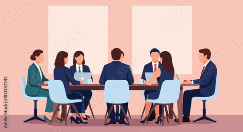 Corporate Boardroom Meeting Illustration. Diverse Professional Team Collaboration and Strategy Session Around a Table.