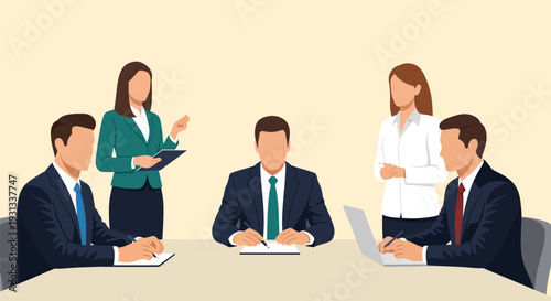 Professional Business Team Meeting Illustration. Flat vector design of corporate employees collaborating, discussing strategy, and presenting in an office setting.