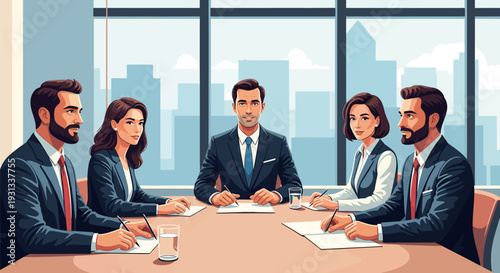 Diverse Business Team Meeting at Conference Table in Modern Office. Corporate Professionals Planning Strategy with City View.