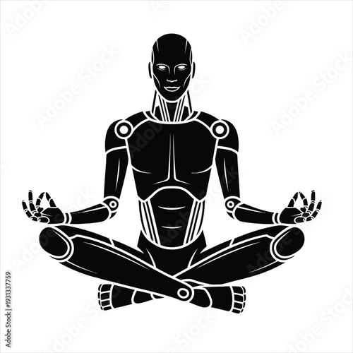 Robot in meditation pose sitting cross legged and practicing mindfulness