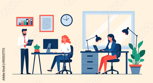 Professional Team Working in Modern Office. Flat Design Illustration of Business People Collaboration and Productivity.
