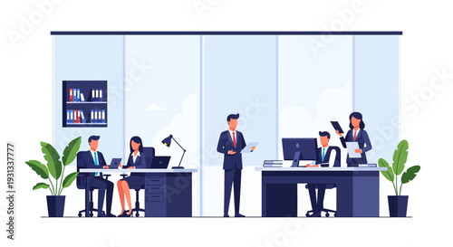 Business Team Working in Modern Office Environment. Flat Vector Illustration of Corporate Productivity, Management, and Collaboration among Executives.