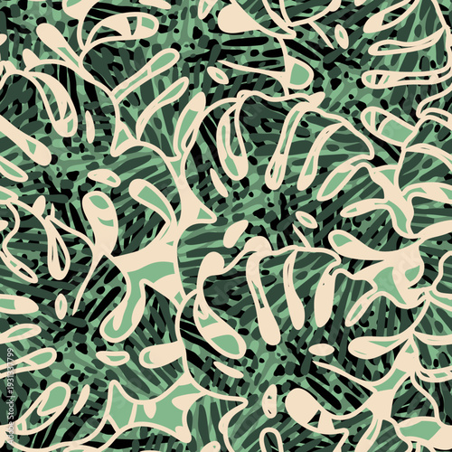Green pattern with tropical leaves and abstract strokes. Ideal for wallpaper, surface textures, textiles.