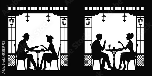 Silhouette couples sitting at café tables, romantic and social dining scene, lantern décor, black and white vector illustration artwork