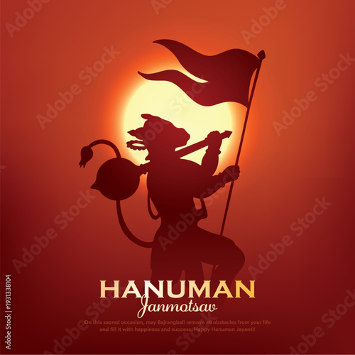 Happy Hanuman Jayanti Janmotsav Greeting Design, Lord Hanuman Silhouette Background. A Hindu festival celebrated of lord hanuman birthday.