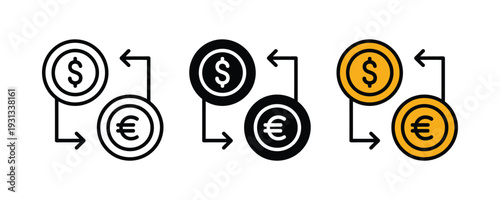 Currency exchange icon set with Dollar and Euro coins. Financial transaction symbol for foreign exchange, banking, and global economy design. Vector Illustration.