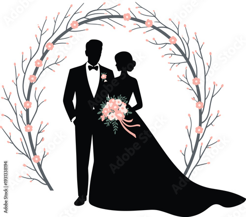 Silhouette of bride and groom under floral arch, wedding ceremony scene with bouquet and decorations, black and white vector artwork