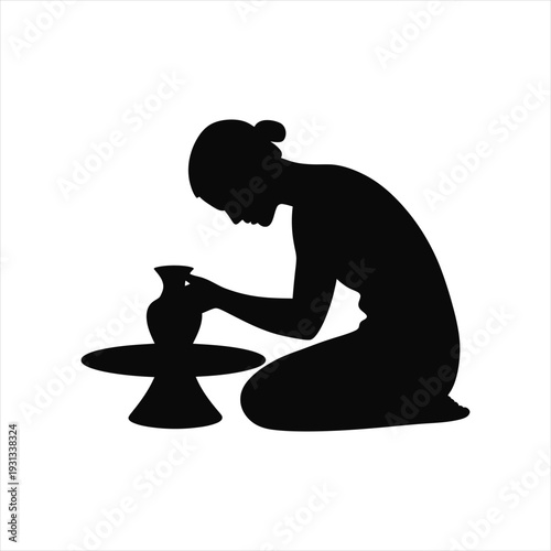 Woman potter at work, vector silhouette of girl molding clay, pottery hobby or workshop concept