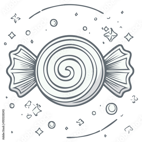 Cartoon candy treat, swirl design, wrapped, outlined, line art illustration