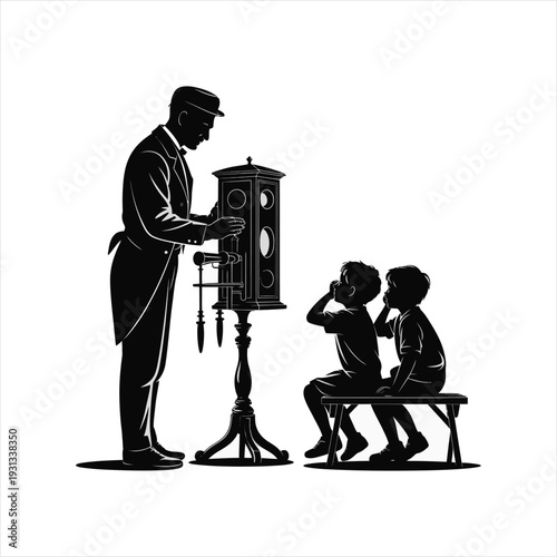 Old fashioned cameraman showing moving pictures to two children in a vintage setting