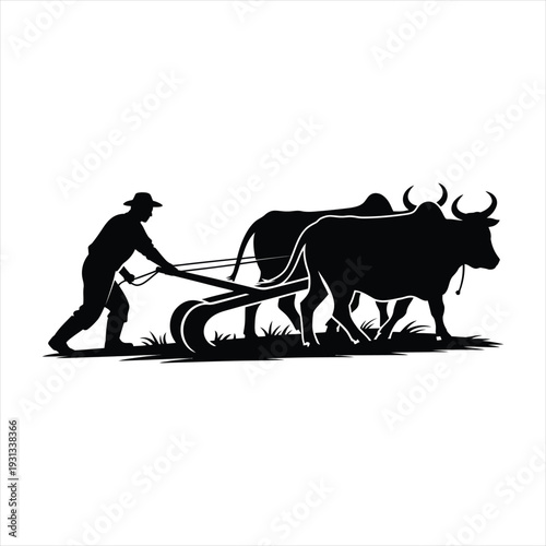 Farmer plowing field with oxen, traditional agriculture and farming scene silhouette