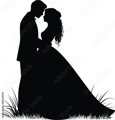 Silhouette of romantic couple standing closely together, outdoor love scene with grass, elegant dress and suit, black and white vector artwork
