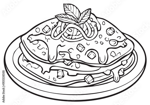 Delicious lasagna on a plate with pasta, sauce and mint garnish in black and white illustration