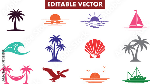 Tropical vacation icons set with palm trees sea sun sailboat wave and seagull for travel and summer concepts in editable vector graphics