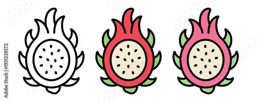 Sliced dragon fruit or pitaya icon set. Tropical fruit symbol for healthy diet, exotic nutrition, and organic food design. Vector Illustration.