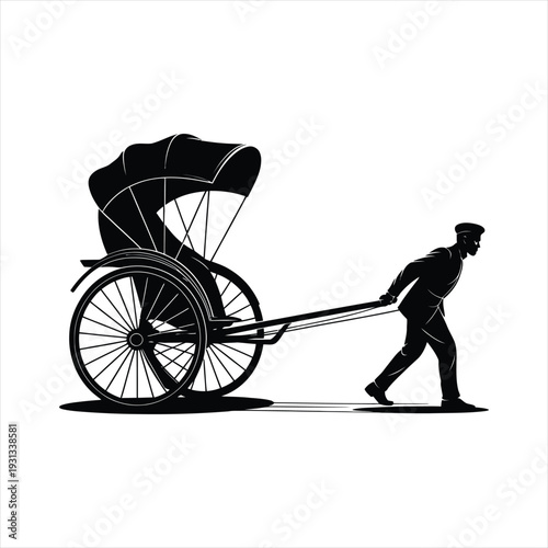 Hand pulled rickshaw silhouette with runner representing old urban transportation and historical street scenes