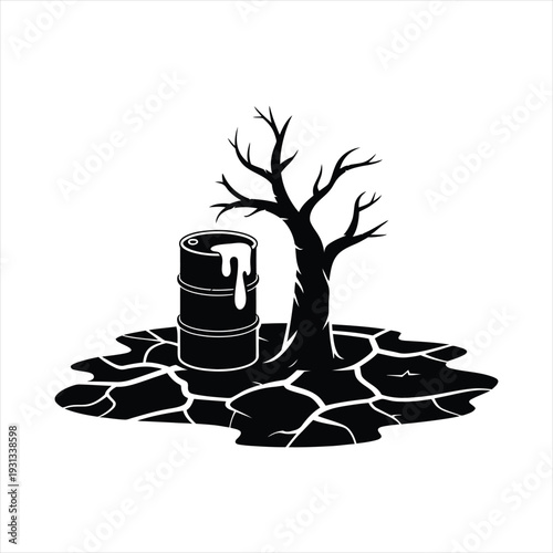 Barrel with leaking oil and dry tree on cracked earth depicting environmental pollution