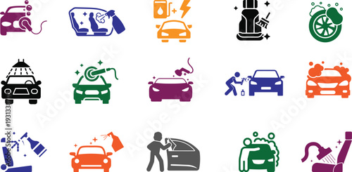 Colorful car wash icons set with various vehicles and cleaning tools for automotive service and maintenance