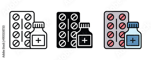 Medicine blister pack and syrup bottle icon set. Pharmaceutical drug symbol for healthcare, medical prescription, and pharmacy treatment design. Vector Illustration.