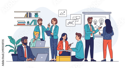 Professional Business Team Collaboration. Office Meeting, Brainstorming, Strategy Development and Startup Planning Flat Line Illustration.