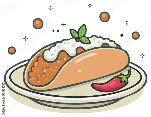 Cartoon-Style Taco Illustration with Pepper on Plate
