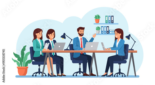 Business Team Collaboration Meeting. Four Office Professionals Discussing Strategy with Laptops at Desk. Corporate Staff Working.