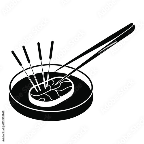 Close up of petri dish with meat and acupuncture needles, lab research and science concept