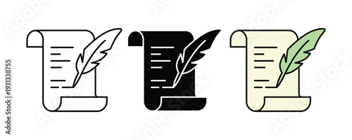 Ancient scroll and feather quill pen icon set. Vintage manuscript symbol for literature, poetry, and historical writing design. Vector Illustration.