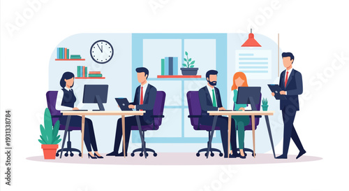 Professional Business Team Working in Modern Office. Corporate Employees Collaboration and Workflow Flat Vector Illustration on White Background.