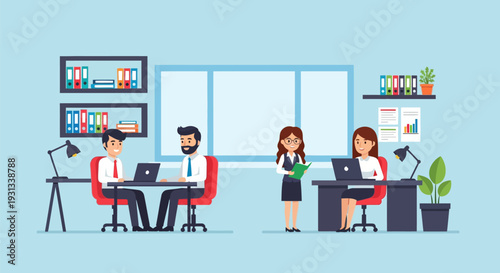 Office Team Working Together on Desks, Flat Vector Illustration of Employees Collaborating in Modern Coworking Workspace