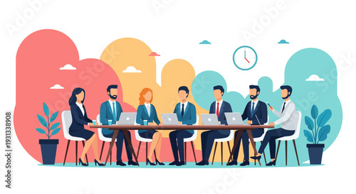 Flat Vector Illustration of Corporate Team Meeting. Business People Collaborating and Working on Laptops.