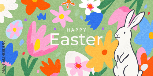 Wallpaper Mural Happy Easter banner, horizontal poster, greeting card, header for website. Trendy Easter design with typography, hand drawn pattern with Easter eggs, spring flowers and Easter bunny. Modern art style. Torontodigital.ca