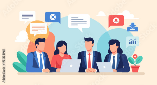 Business Team Collaboration Meeting Illustration. Professionals discussing strategy, using laptops, surrounded by communication and data analytics icons. Modern flat vector.