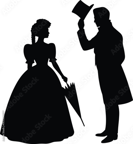Silhouette of Victorian couple in historical attire, woman with umbrella, man tipping top hat, elegant black and white vector artwork