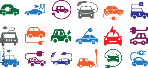 Colorful electric cars icons with charging plugs vectors illustrating eco friendly transportation technology and sustainable energy solutions for future mobility