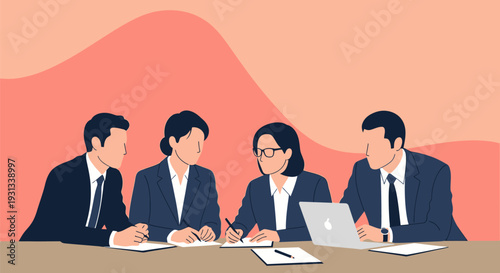 Corporate Team Meeting: Business People Collaborating and Taking Notes. Minimalist Vector Illustration of Professional Discussion and Strategy Session.