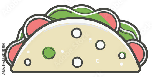 Delicious illustrated taco filled with lettuce, meat, and sauce perfect for Mexican restaurants or food blogs advertising