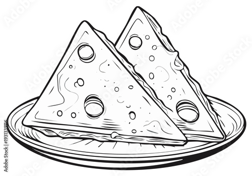 Two triangular sandwiches with swiss cheese served on a plate, line art.