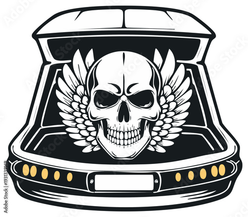 Car Back with Skull and Wings Vector Art for Graphic Design and Customization