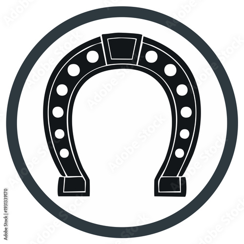 Black horseshoe icon symbolizing good luck and fortune inside a simple circular frame design