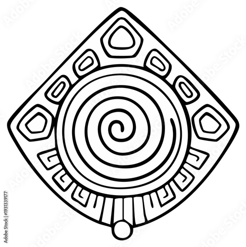 Abstract Geometric Spiral Symbol with Tribal Sun Design Elements