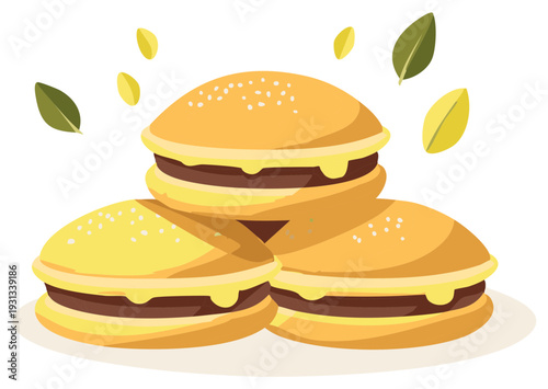 Delicious illustrated burgers with leaves, perfect for food and restaurant designs.