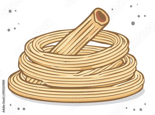 Cartoon illustration of pasta nests with single rigatoni noodle ready to cook for Italian meal