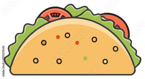 Taco Cartoon with Lettuce and Tomato Simple Icon Style on White Background